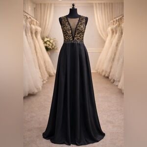 Rimini Couture Black & Gold Lace Open Back Evening Gown – Size 4